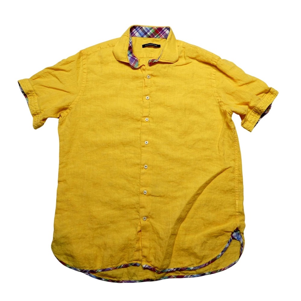 Hammer Made Shirt Mens L Yellow Solid Linen Short Sleeve Button Up Casual Summer